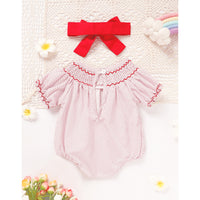 Newborn Baby Girls' Valentine's Day Smocked Romper Short Sleeve Heart Embroidery Jumpsuit Casual Cute Romper