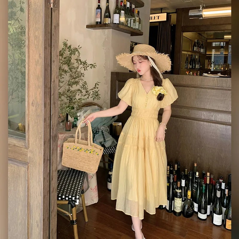 Retro Gentle Style Slimming V-neckline Fairy Vacation Style Dress