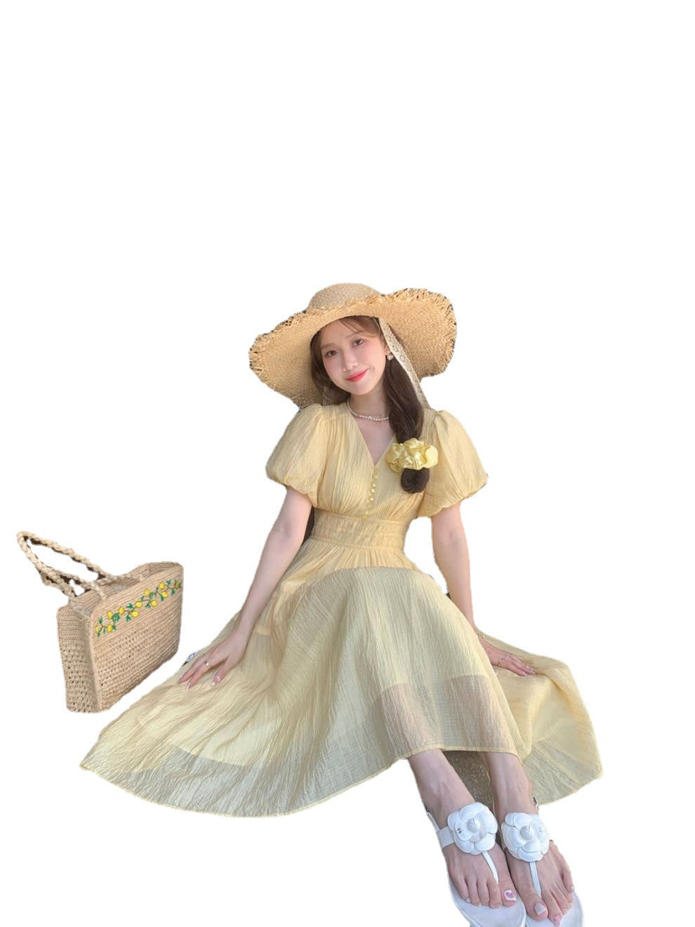 Retro Gentle Style Slimming V-neckline Fairy Vacation Style Dress