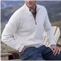 Men's Pullover Sweater Fashion Zipper Stand Collar Knitted Top Casual Solid Color Sweatshirt Clothing
