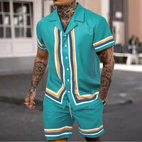 Fashion Men's Cuban Collar Shirt Two-piece Set