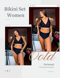 Bikini Set For Women Ruched High Waisted Two Piece Swimsuit Twist Front Cut Out Adjustable Straps Bathing Suit