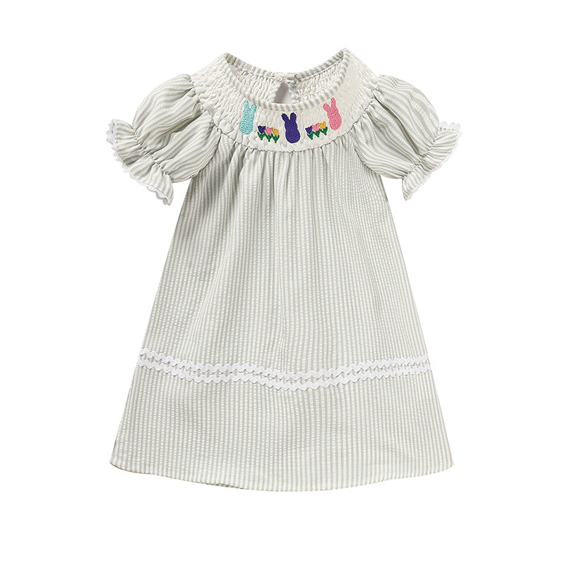 Infant Baby Girls' Easter Bunny Smocked Dress Embroidered Short Sleeve Casual Summer Dress