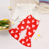 Toddler Girl's Heart Print 2-Piece Set, Crewneck Long Sleeve Ruffle Top & Flare Leg Pants