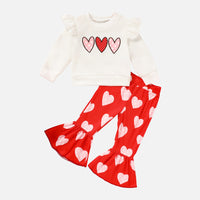Toddler Girl's Heart Print 2-Piece Set, Crewneck Long Sleeve Ruffle Top & Flare Leg Pants