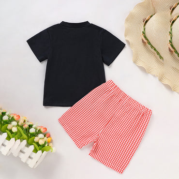 Toddler Baby Boy Back To School Outfit Summer Applique T-Shirt & Red Gingham Shorts Set