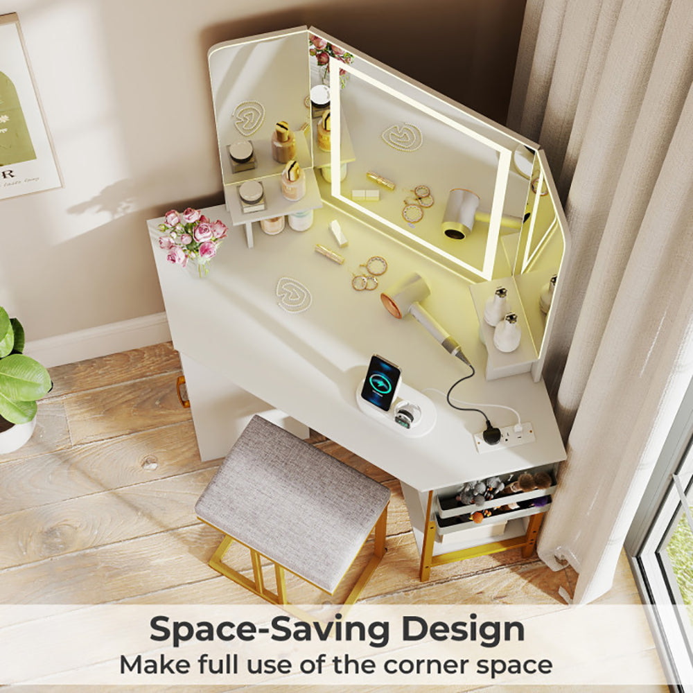 Corner Vanity Desk With Mirror And Lights Makeup Dressing Table With Triple Mirror