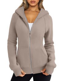 Women's Zipper Short Hood Fleece Lined Solid Color Hoodie Sweater