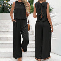 Women's Elegant 2-Piece Matching Set, Sleeveless Crop Top And Wide Leg Pants Outfits