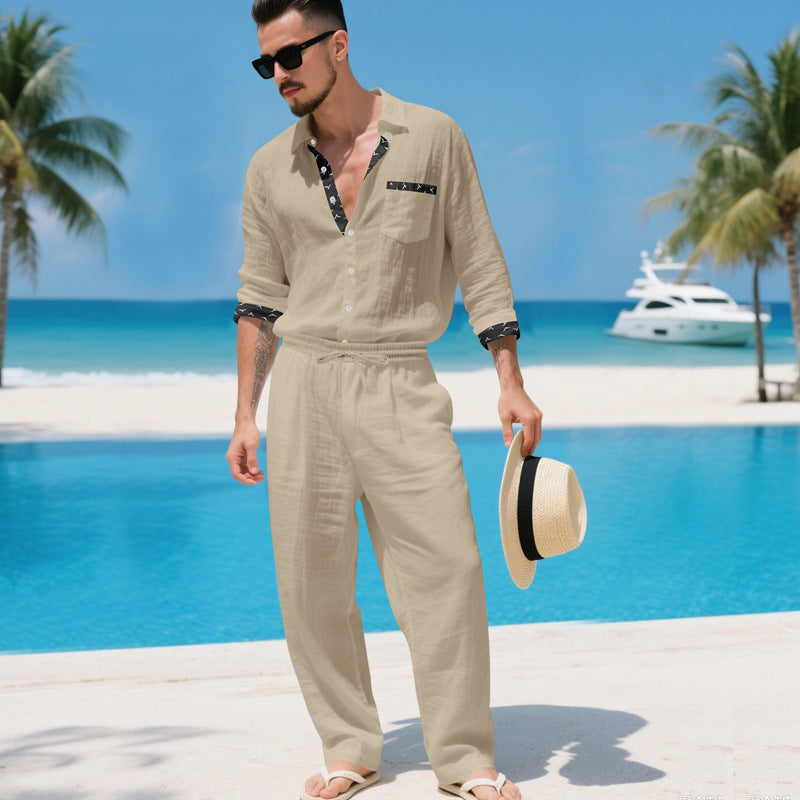 Mens Linen Shirt And Pants Two-piece Set