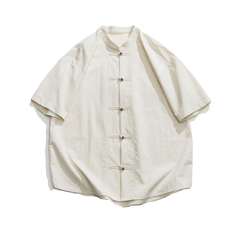 New Chinese Style Worn Looking Washed-out Stand Collar Chinese Style Shirt