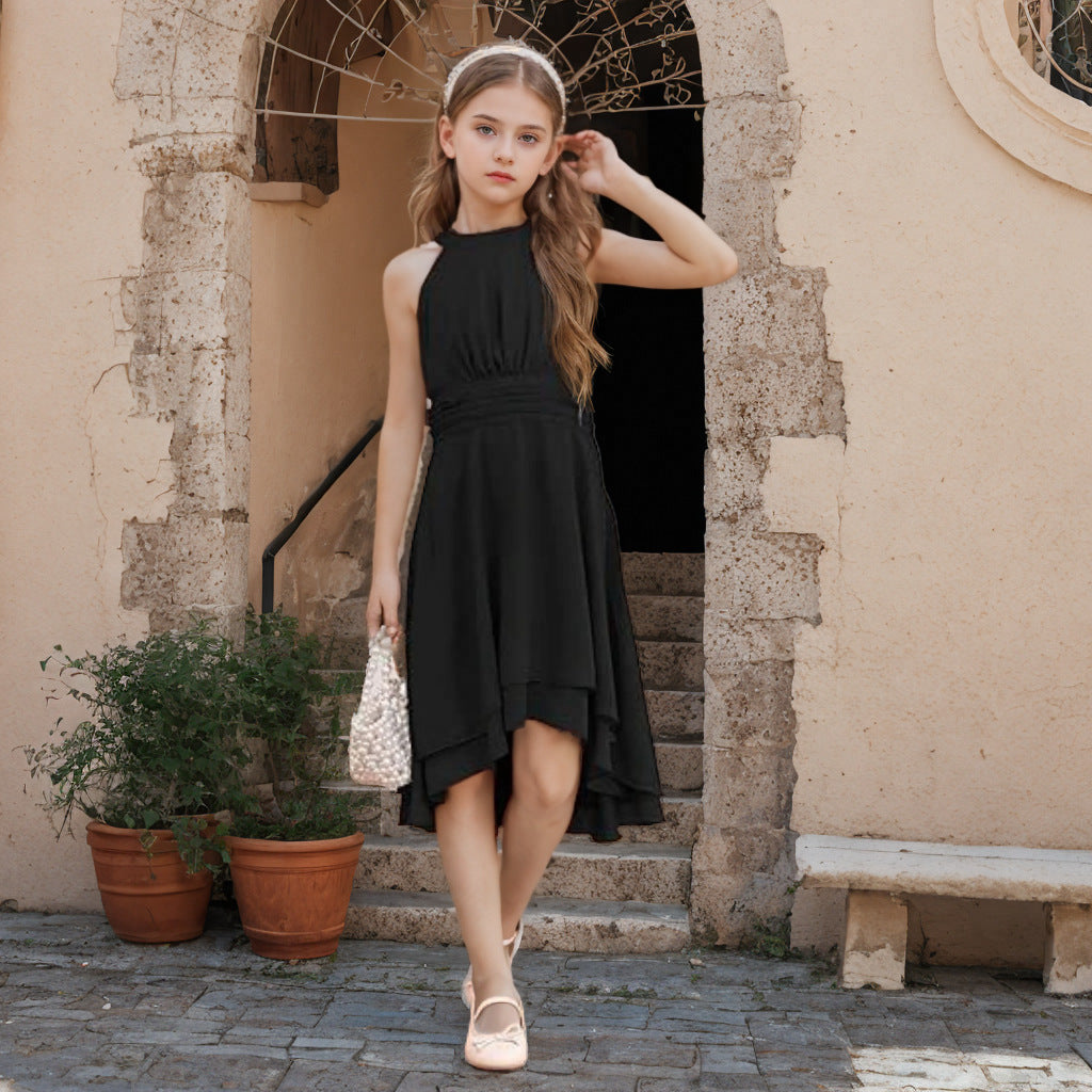 Halter Sleeveless Chiffon Short Front And Long Back Girls' Dress