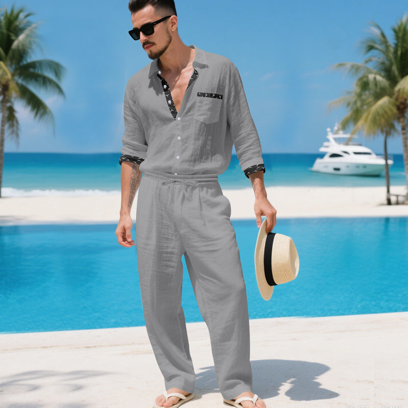 Mens Linen Shirt And Pants Two-piece Set