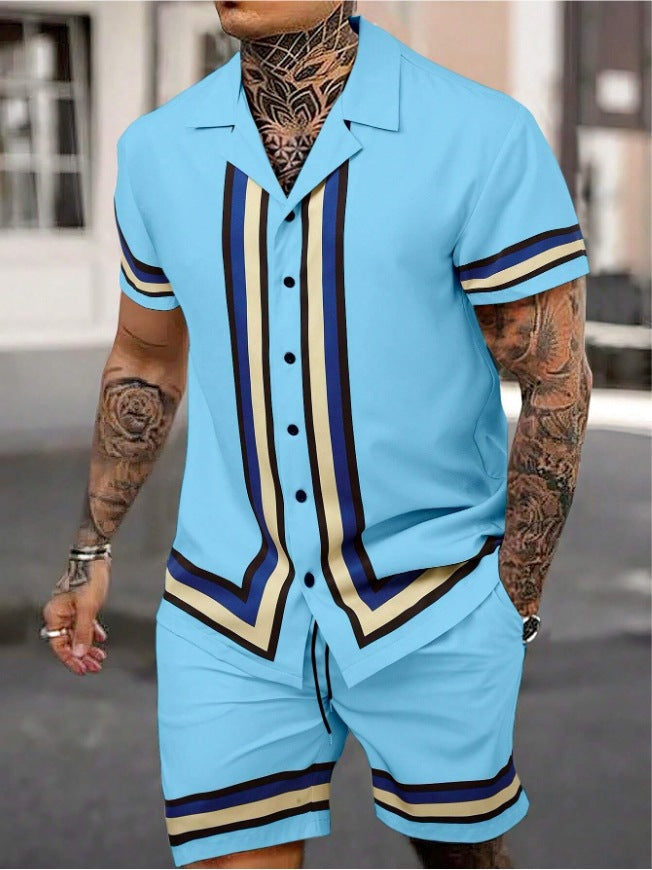 Fashion Men's Cuban Collar Shirt Two-piece Set