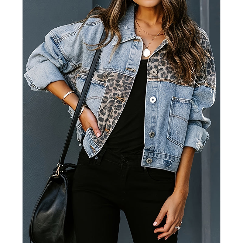 Women's Cropped Distressed Denim Jacket Ripped Button Down Jean Jacket Long Sleeve Casual Streetwear Coat