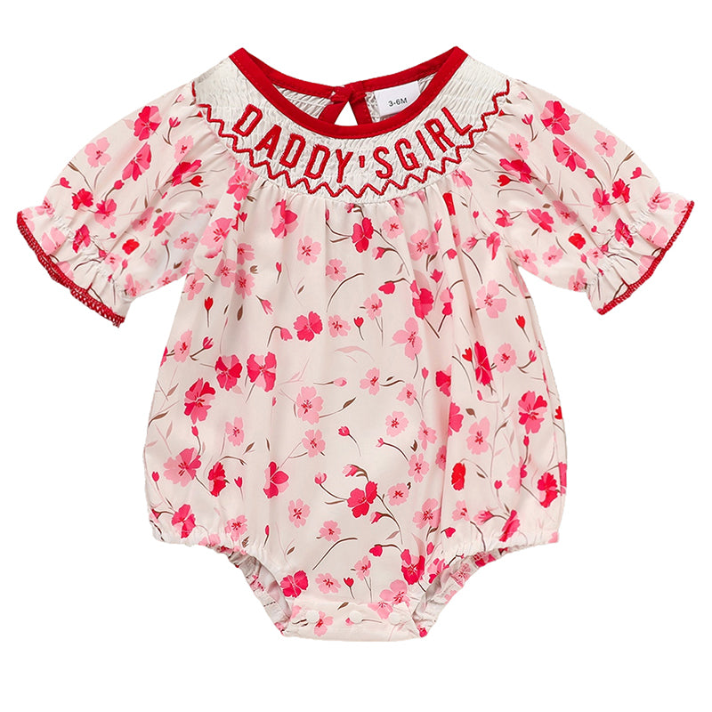 Infant Girls' Floral Smocked Romper 'DADDY'S Girl' Embroidery Short Sleeve Crew Neck Adorable Princess Party Bodysuit
