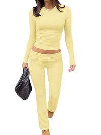 Leisure Sports Two-piece Set, Long Sleeved High Waisted Foldable Flared Pants, Sports Suit, Streetwear