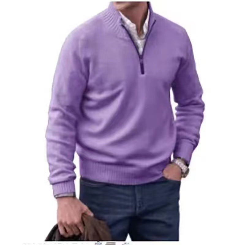 Men's Pullover Sweater Fashion Zipper Stand Collar Knitted Top Casual Solid Color Sweatshirt Clothing