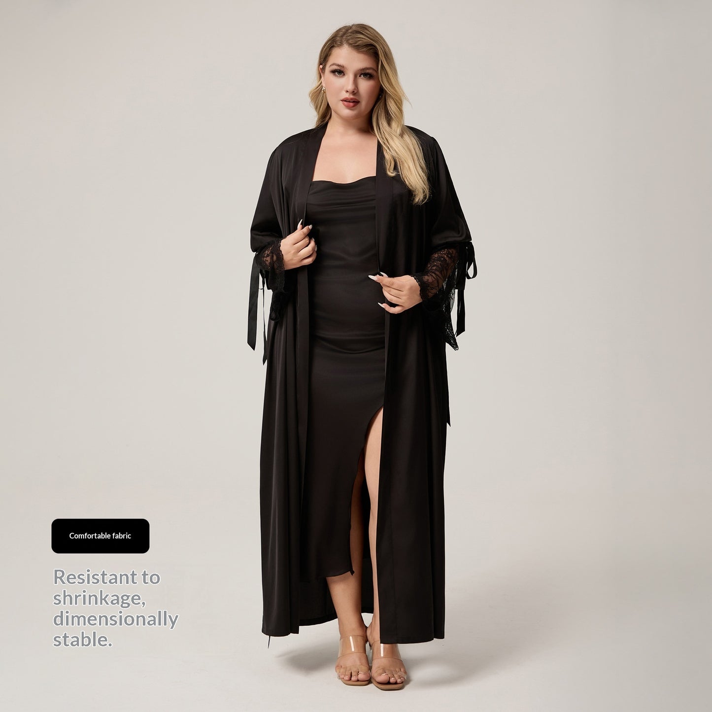 Lace-trimmed Long-sleeved Plus-size Loungewear Dress