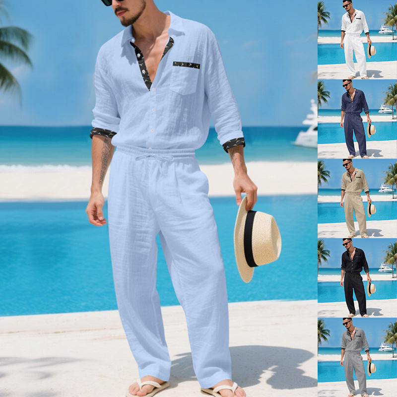 Mens Linen Shirt And Pants Two-piece Set
