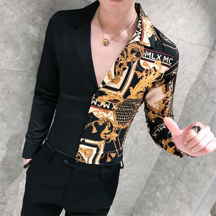 British Style Long-sleeved Printed Shirt Men's Slim Fit