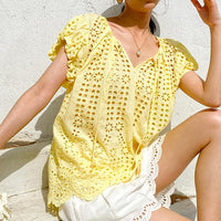 Vacation Style Embroidered Top Short Sleeve Summer French Style Design