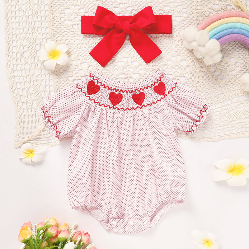 Newborn Baby Girls' Valentine's Day Smocked Romper Short Sleeve Heart Embroidery Jumpsuit Casual Cute Romper
