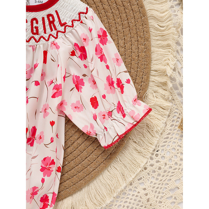 Infant Girls' Floral Smocked Romper 'DADDY'S Girl' Embroidery Short Sleeve Crew Neck Adorable Princess Party Bodysuit