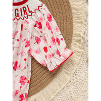 Infant Girls' Floral Smocked Romper 'DADDY'S Girl' Embroidery Short Sleeve Crew Neck Adorable Princess Party Bodysuit