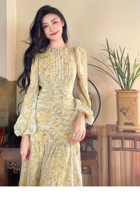 French Style  Style Long Sleeve Floral Dress Fashion High-end Temperament