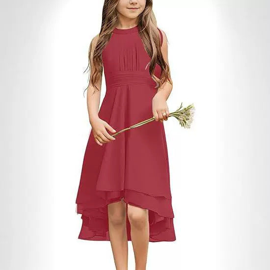 Halter Sleeveless Chiffon Short Front And Long Back Girls' Dress