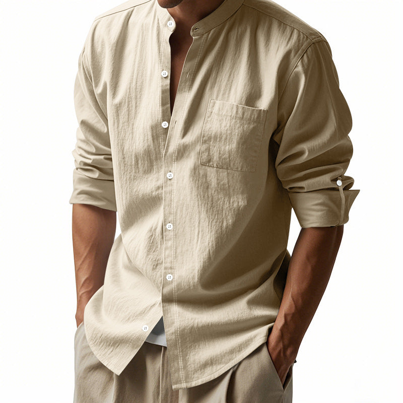Long Sleeve Stand Collar Shirt With Pockets Casual Men's Clothing