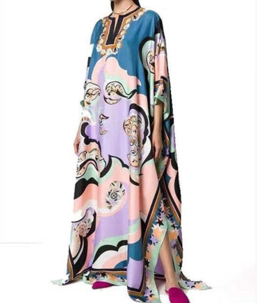 Summer New Style Loose Print V-Neck Long Skirt Holiday Style Dress