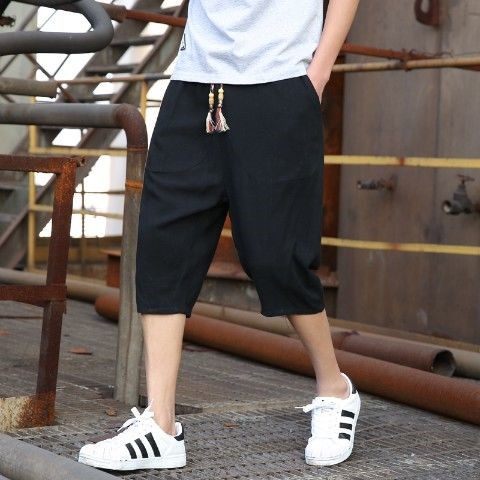 Mens Casual Loose Linen Cropped Pants