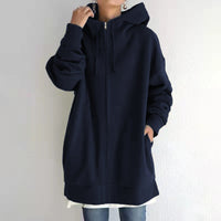 Oversized S-5XL Women Loose Hooded Coats Autumn Female Tie Collar Long Sleeve Zipper Up Add Velvet Long Sweatshirt
