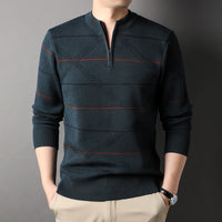 Zippered Mock-neck Knit Sweater With Striped Long Sleeves