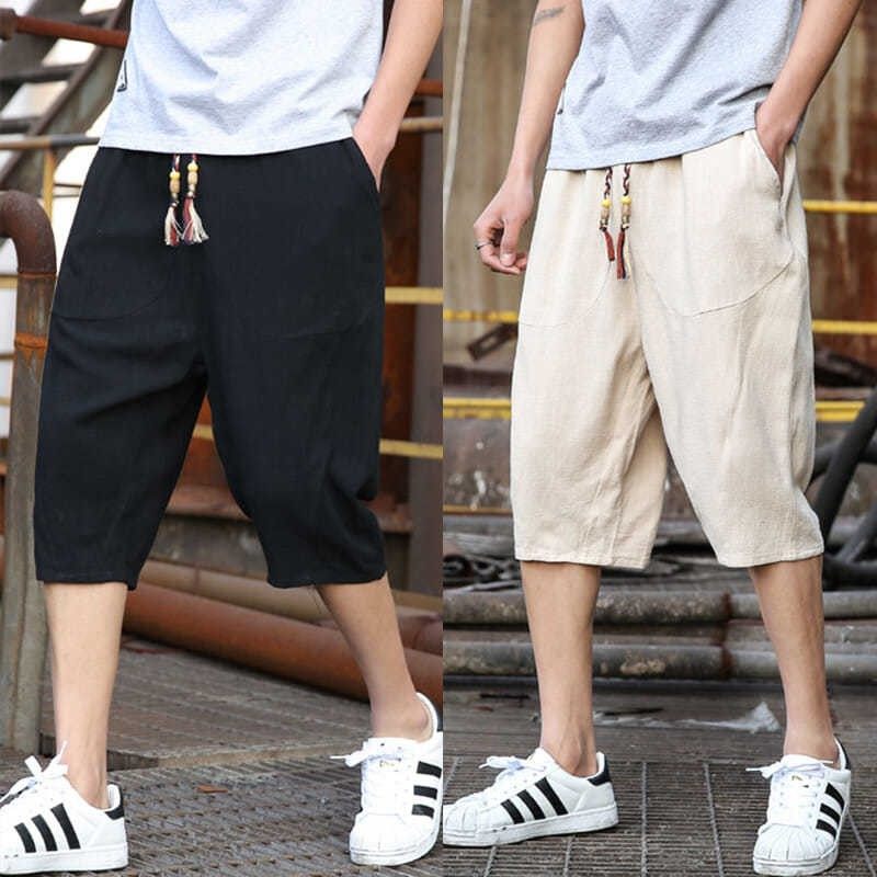 Mens Casual Loose Linen Cropped Pants