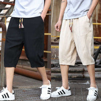 Mens Casual Loose Linen Cropped Pants
