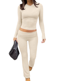 Leisure Sports Two-piece Set, Long Sleeved High Waisted Foldable Flared Pants, Sports Suit, Streetwear