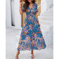 Women's Floral Puff Sleeve Midi Dress - Boho V-Neck Smocked Dress