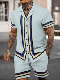 Fashion Men's Cuban Collar Shirt Two-piece Set