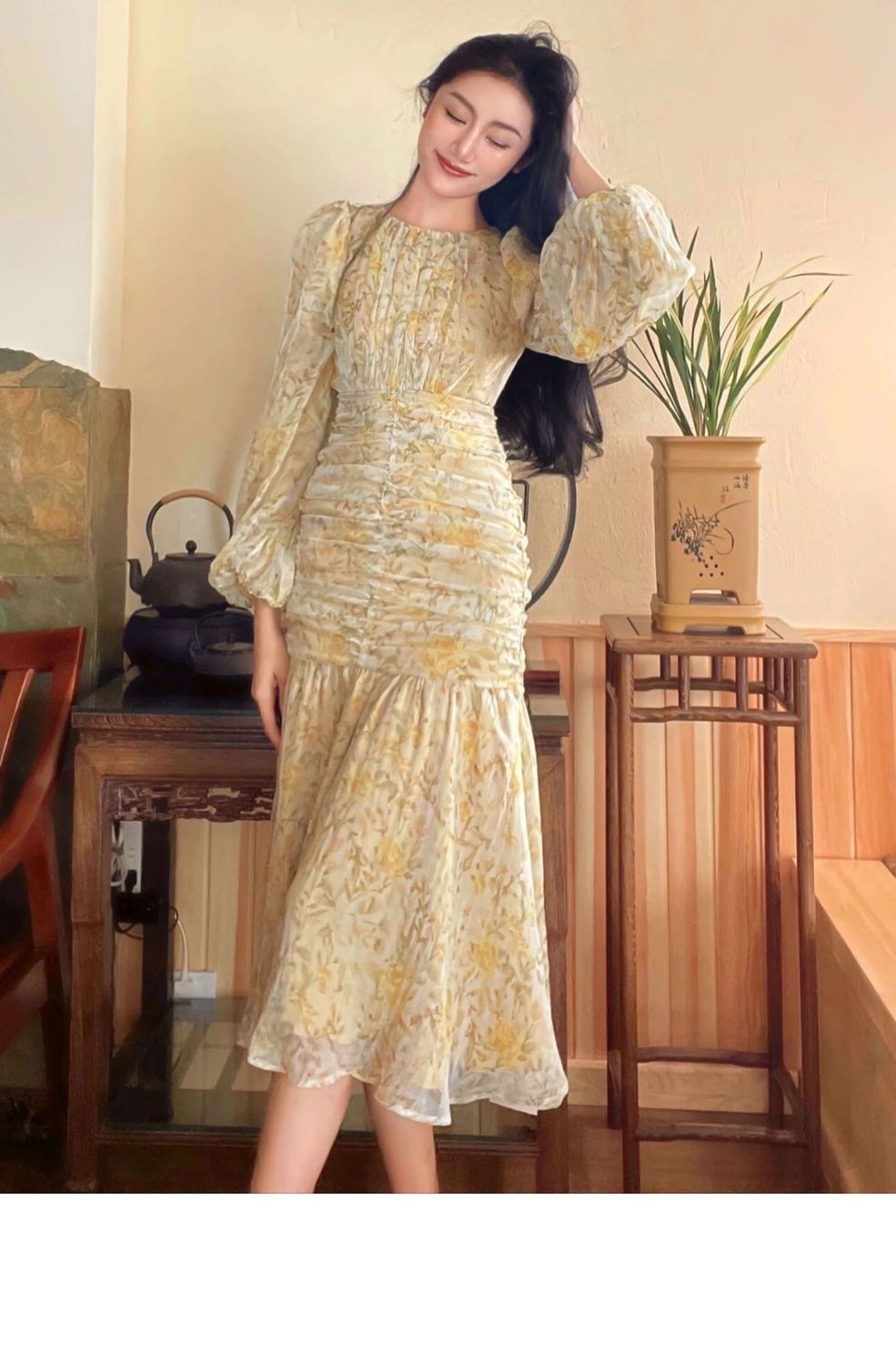 French Style  Style Long Sleeve Floral Dress Fashion High-end Temperament