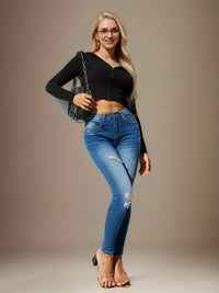 New Fashion Stylish Women’s Skinny Fit Jeans - High-Waist, Frayed Hem, Distressed Washed Denim Pants With Stretch For Comfortable Street Style Fashion - Women Clothing