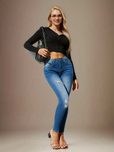 New Fashion Stylish Women’s Skinny Fit Jeans - High-Waist, Frayed Hem, Distressed Washed Denim Pants With Stretch For Comfortable Street Style Fashion - Women Clothing