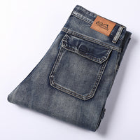 Men's Loose Straight-leg Denim Overalls With Multiple Pockets And Patchwork Design