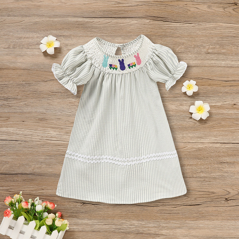 Infant Baby Girls' Easter Bunny Smocked Dress Embroidered Short Sleeve Casual Summer Dress