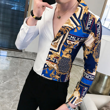 British Style Long-sleeved Printed Shirt Men's Slim Fit