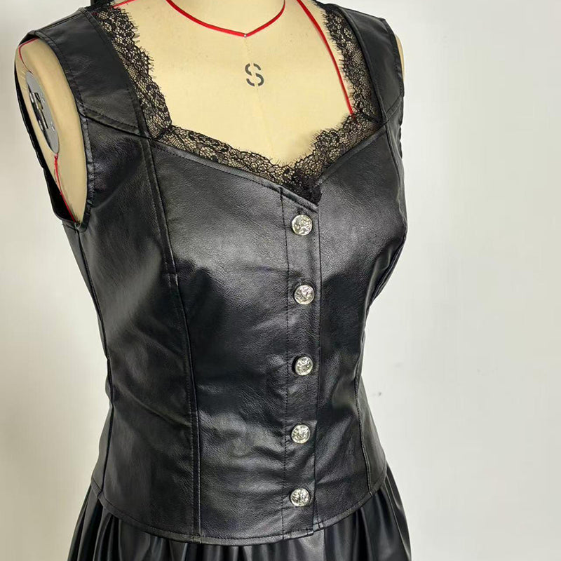 Women's Faux Leather Vest - Sexy Lace Trim V-Neck Sleeveless Top For Club & Y2K Party