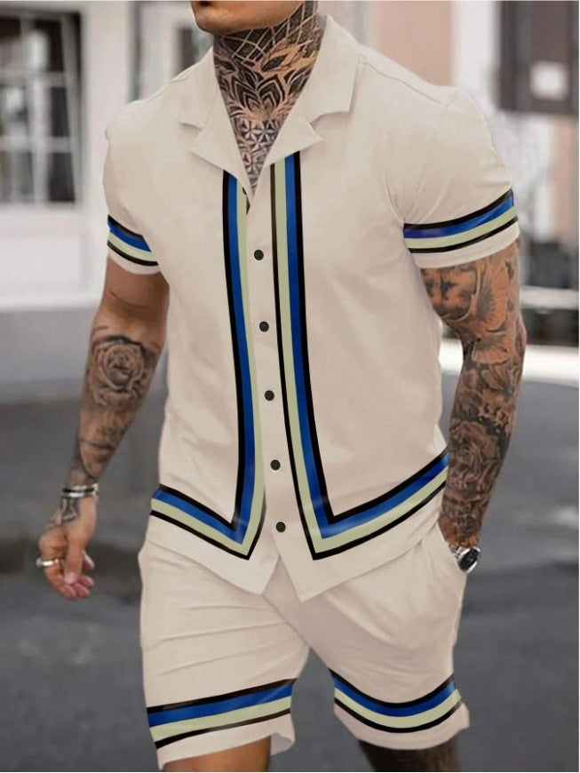 Fashion Men's Cuban Collar Shirt Two-piece Set