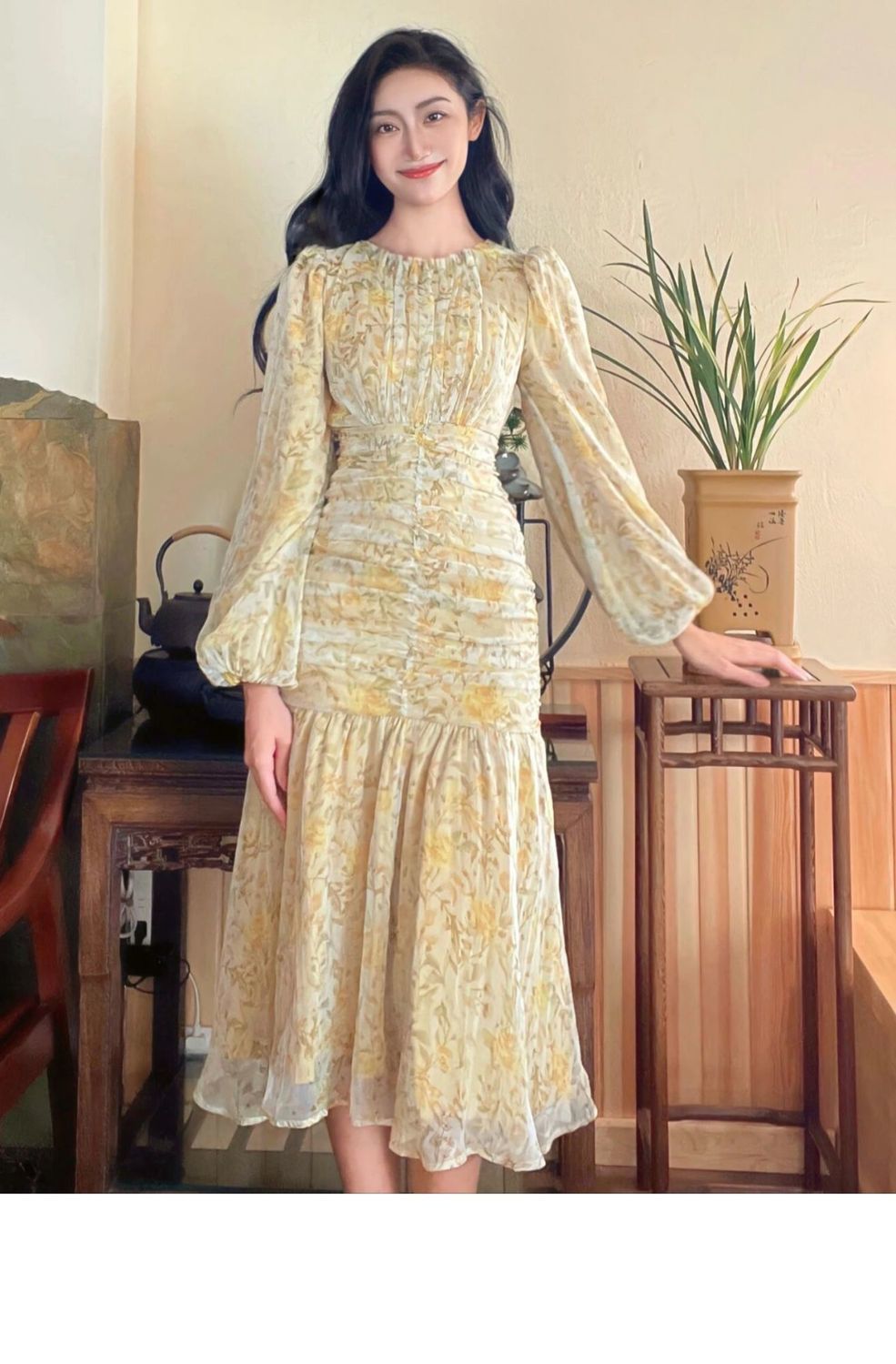 French Style  Style Long Sleeve Floral Dress Fashion High-end Temperament